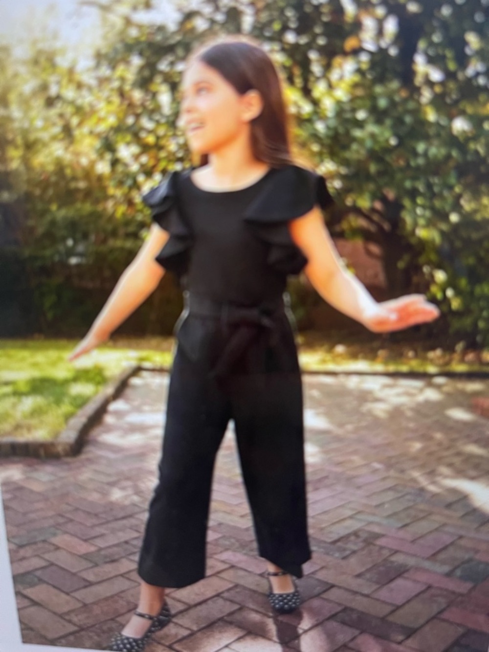 Girls' Black Ruffle Sleeve Jumpsuit with Tie Waist and pockets